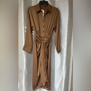 NWT Elegant Carmel Brown Button-Down Satin Dress